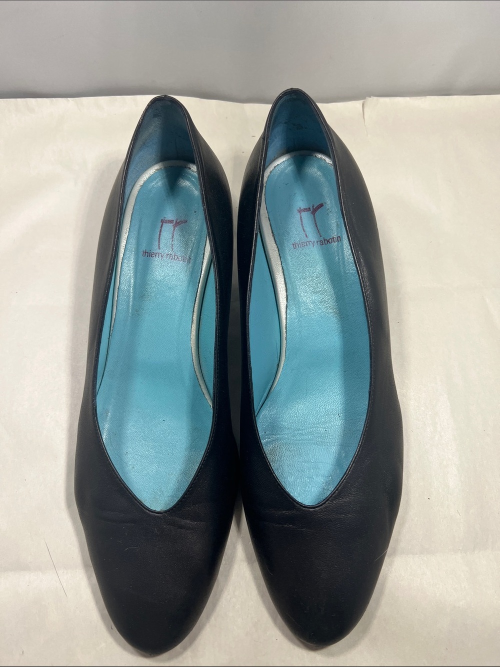 Thierry Rabotin Black Leather Flats with Turquoise Insole